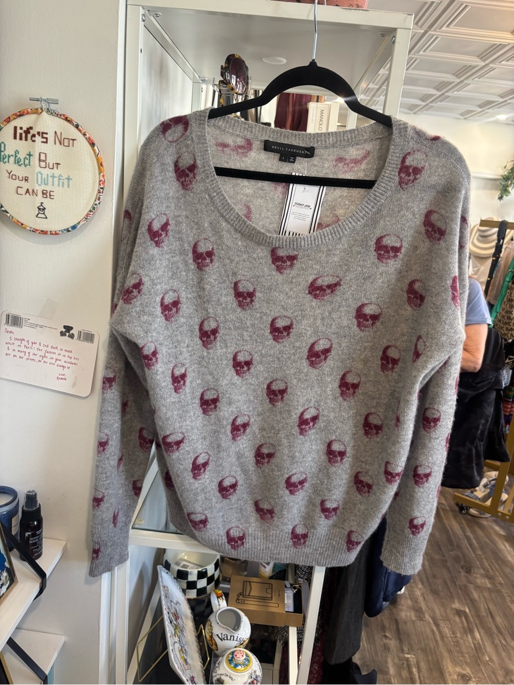 Skull Cashmere Gray Sweater with Burgundy Skull Motif